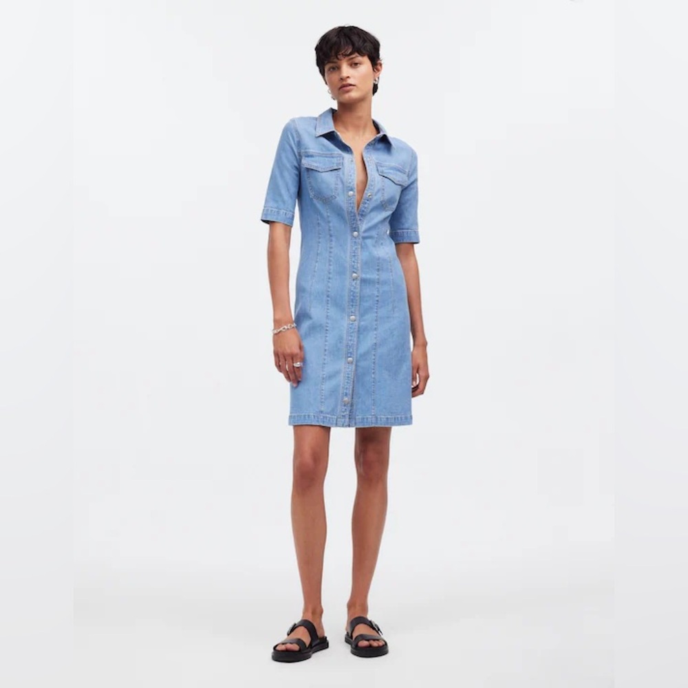 Madewell Denim Seamed Mini Shirtdress in Palermo Wash Light Blue Dress Casual - Picture 10 of 14